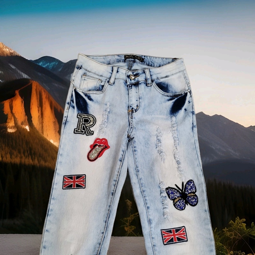 🔥Rebel Love Womens Skinny Jeans 5/6 Distressed Blue Denim Y2K Retro Patches